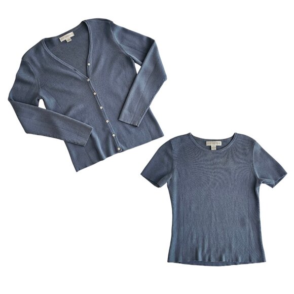 Petite Sophisticate Sweaters - Petite Sophisticate Knit & Ribbed Cardigan & Top Set | GUC | XSP | Bluish Gray